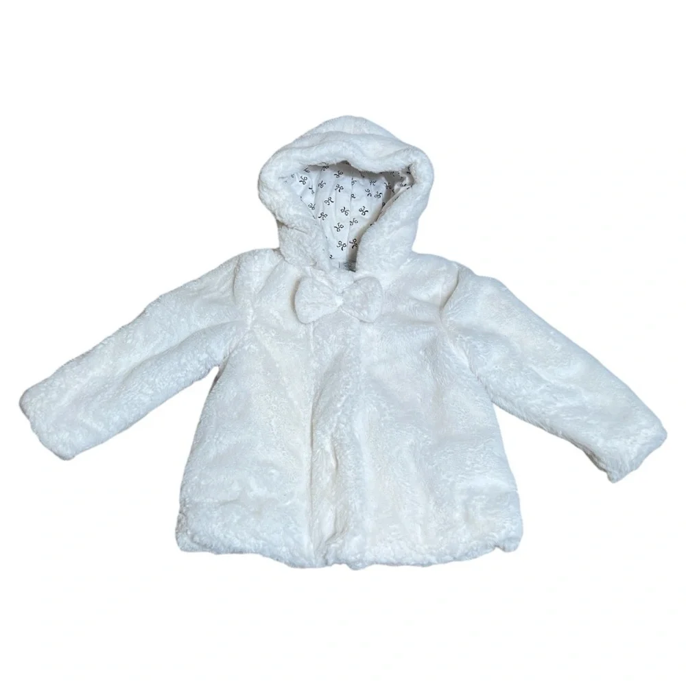 Girls “Little Me” Jacket White Faux Fur Hooded Coat‎ Bow Zip Closure, 24 Months